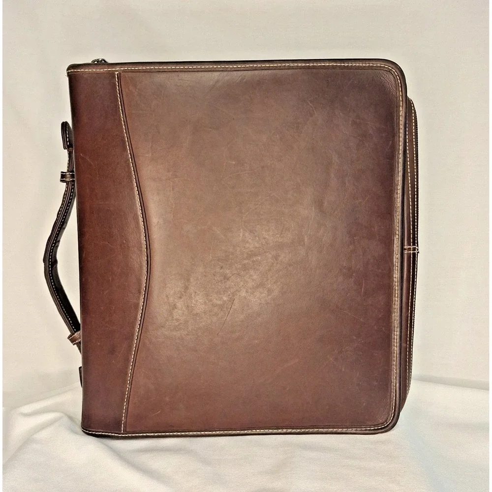 Franklin Covey 7 Ring Brown Leather Carry Handle Full Zip Briefcase Binder 3744
